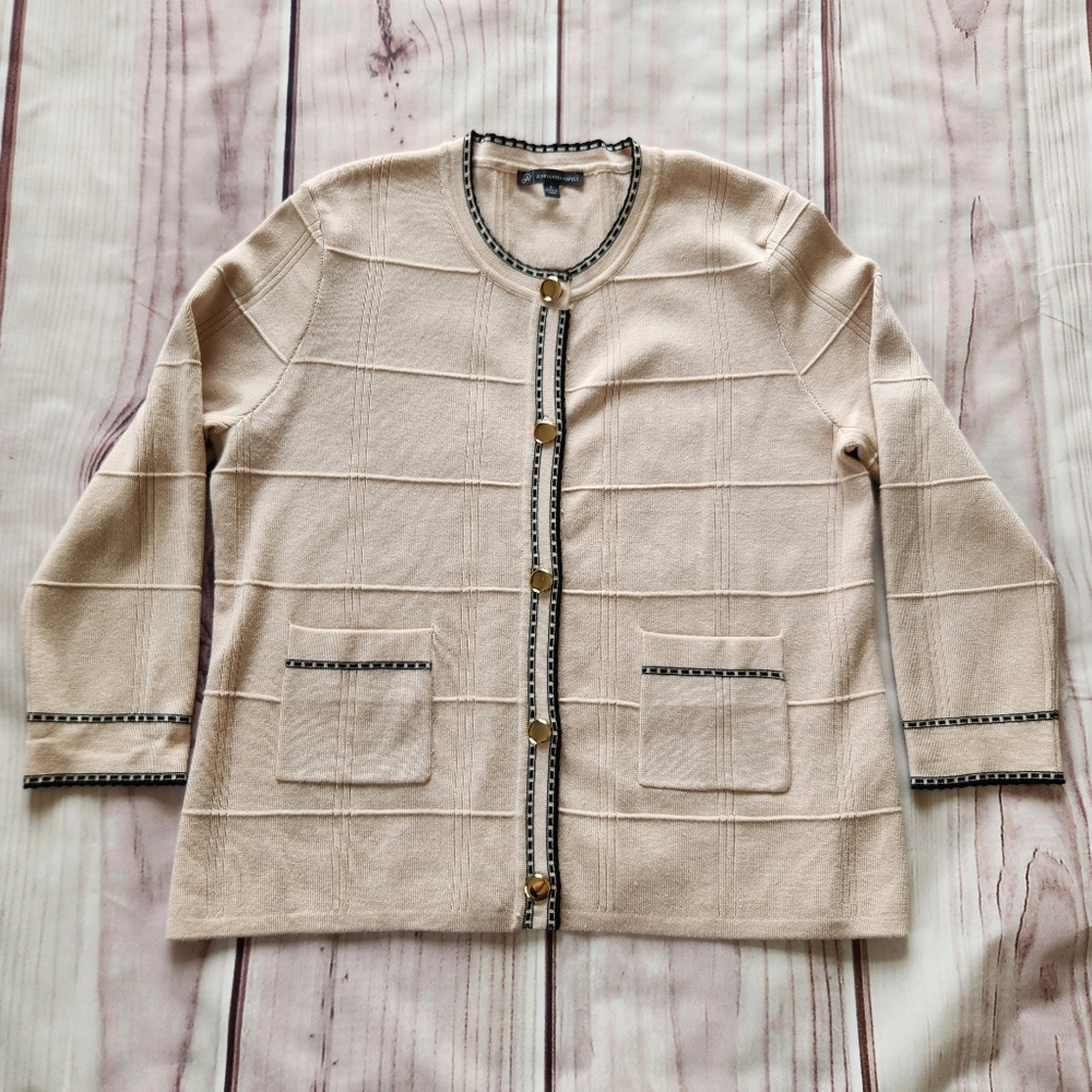 Adrianna Papell "Button Front Tipped Cardigan" Tan Black | Women's Size S - Picture 4 of 12